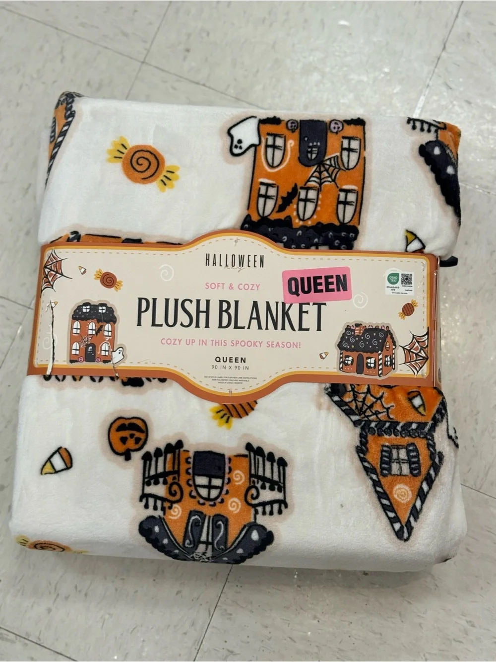 Halloween Plush Blanket - Queen Size, Orange & White